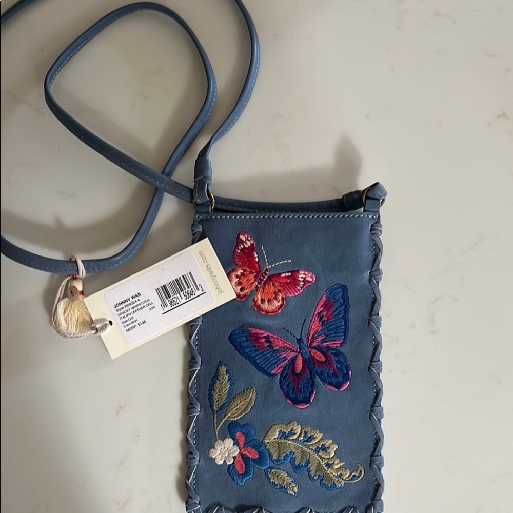Johnny Was Embroidered Blue Crossbody Cell Bag